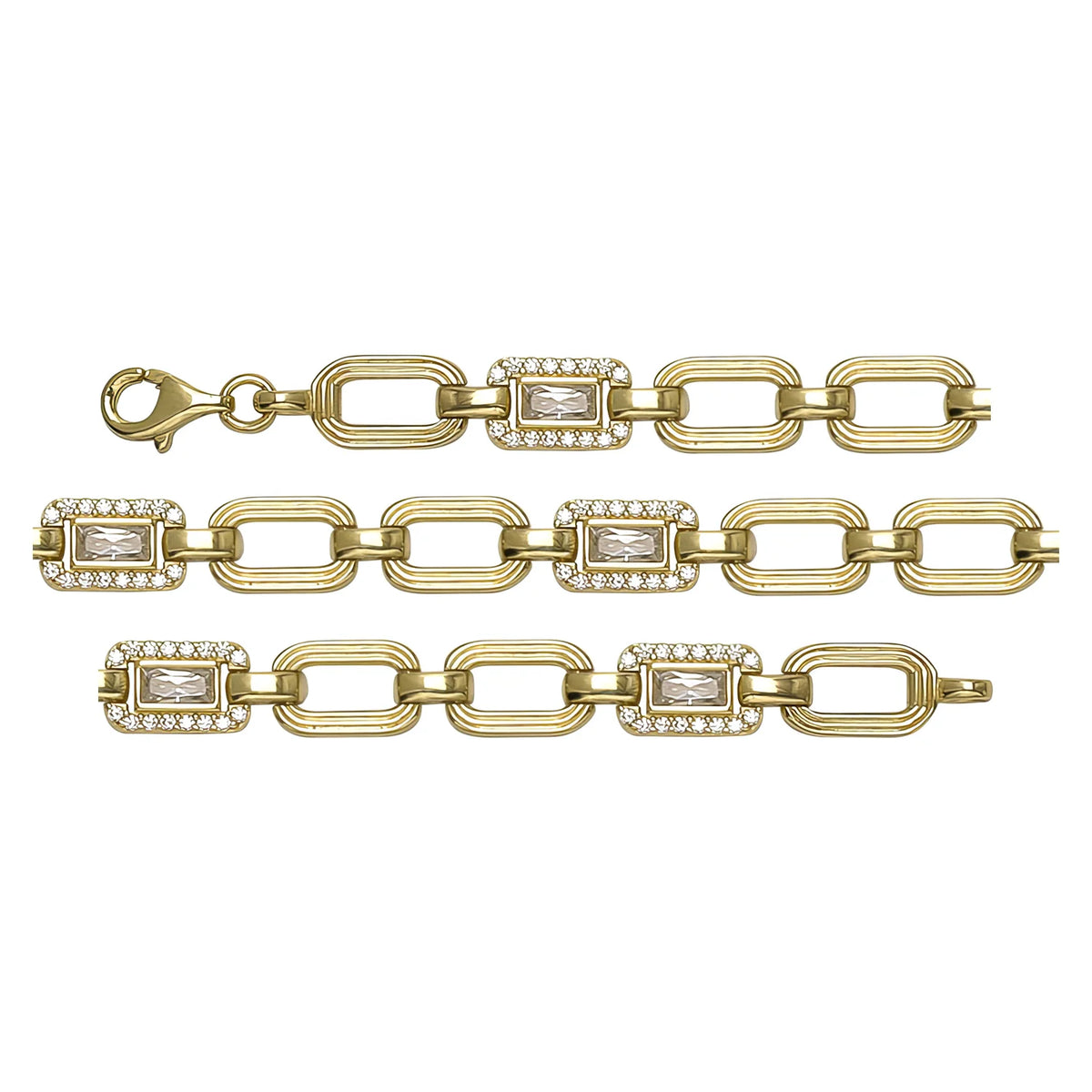 Solid gold fancy link bracelet, 11.44 g — shown in three rows across the frame.