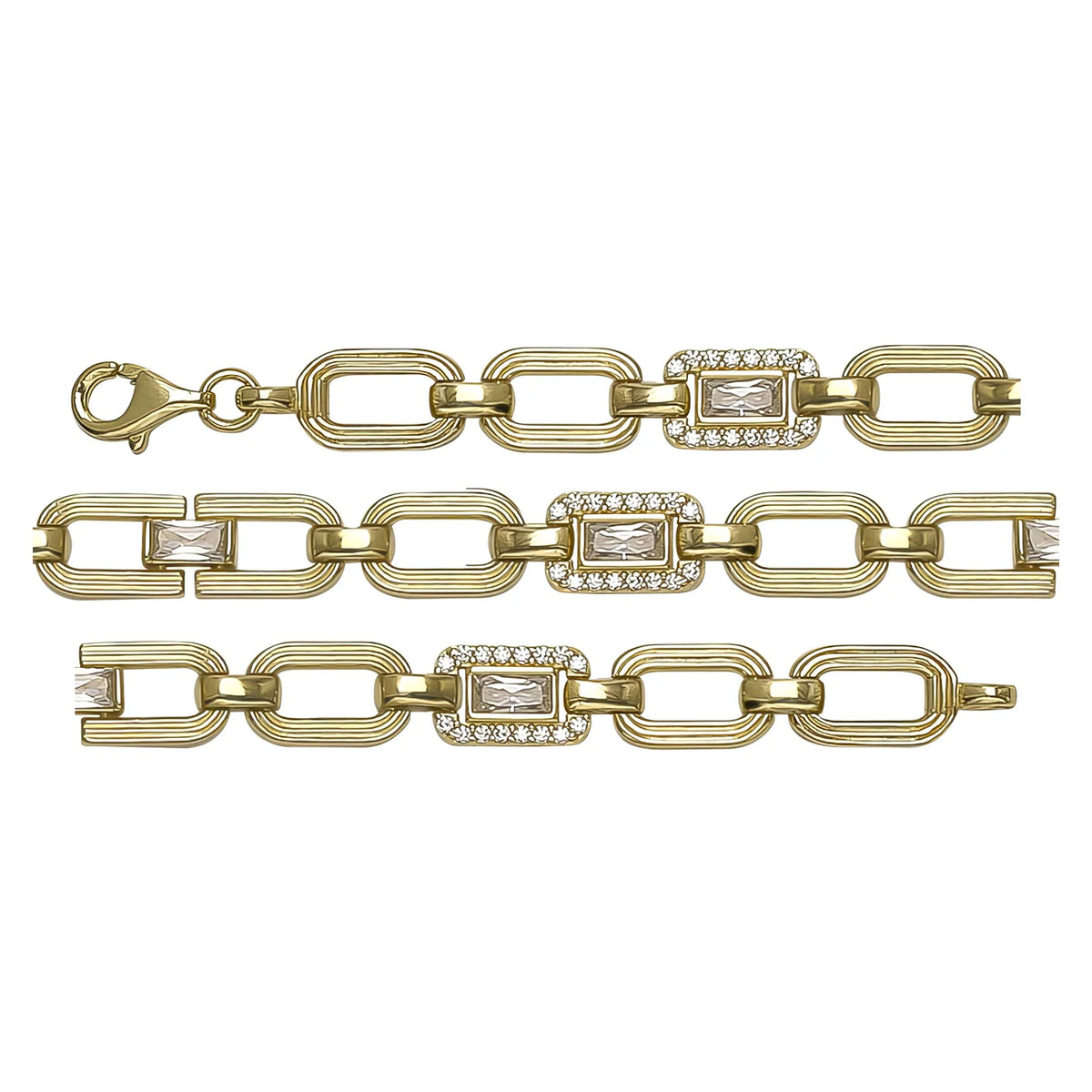 Solid gold fancy link bracelet, 11.24 g — shown in three rows across the frame.
