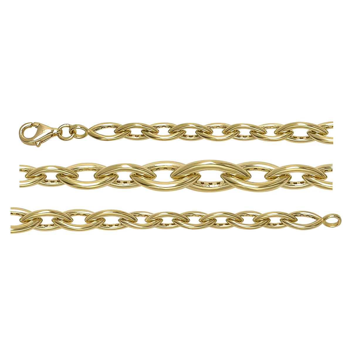 Solid gold fancy link bracelet, 9.01 g — shown in three rows across the frame.