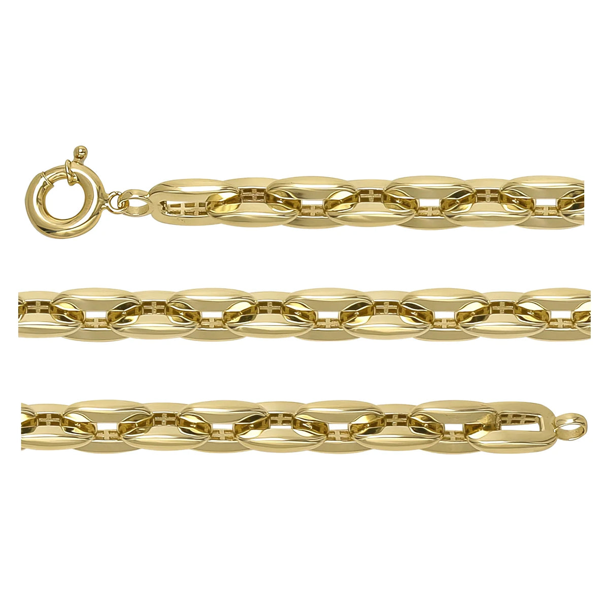 Solid gold fancy link bracelet, 14.63 g — shown in three rows across the frame.