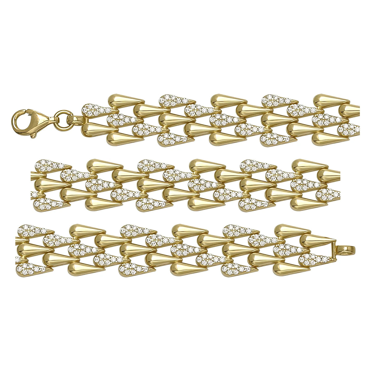 Solid gold herringbone bracelet, 16.00 g — shown in three rows across the frame.