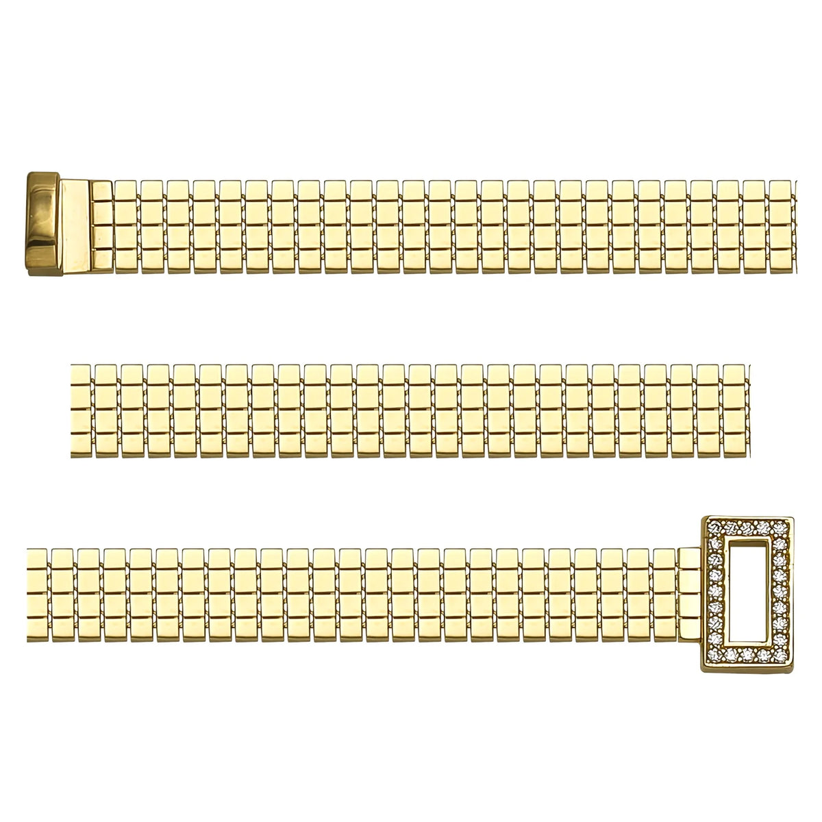 Solid gold brick link bracelet, 11.25 g — shown in three rows across the frame.