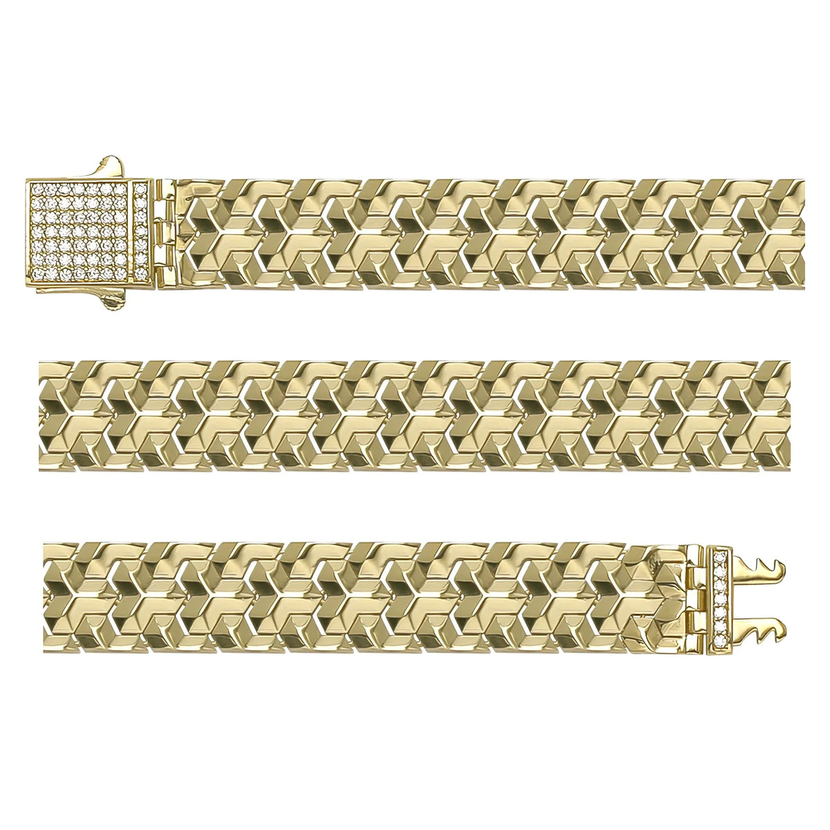 Solid gold herringbone bracelet, 17.40 g — shown in three rows across the frame.