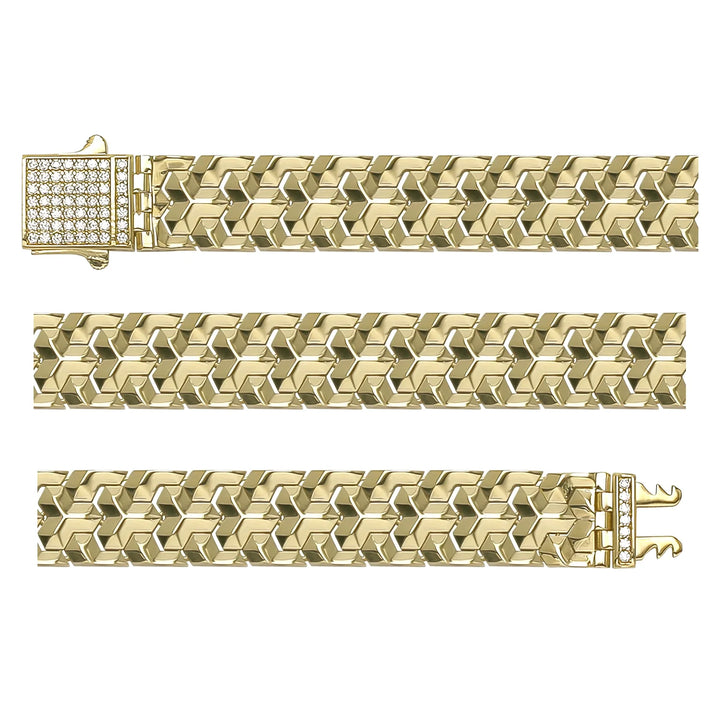 Solid gold herringbone bracelet, 17.40 g — shown in three rows across the frame.