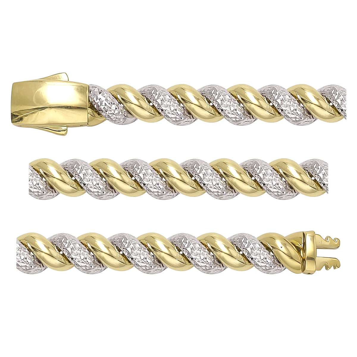 Solid gold braided bracelet, 15.75 g — shown in three rows across the frame.