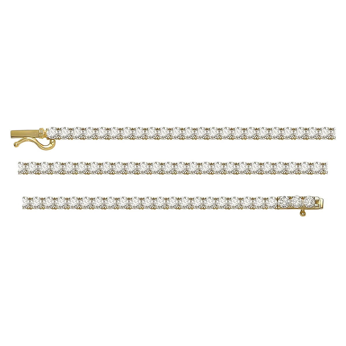 Solid gold tennis bracelet, 5.36 g — shown in three rows across the frame.