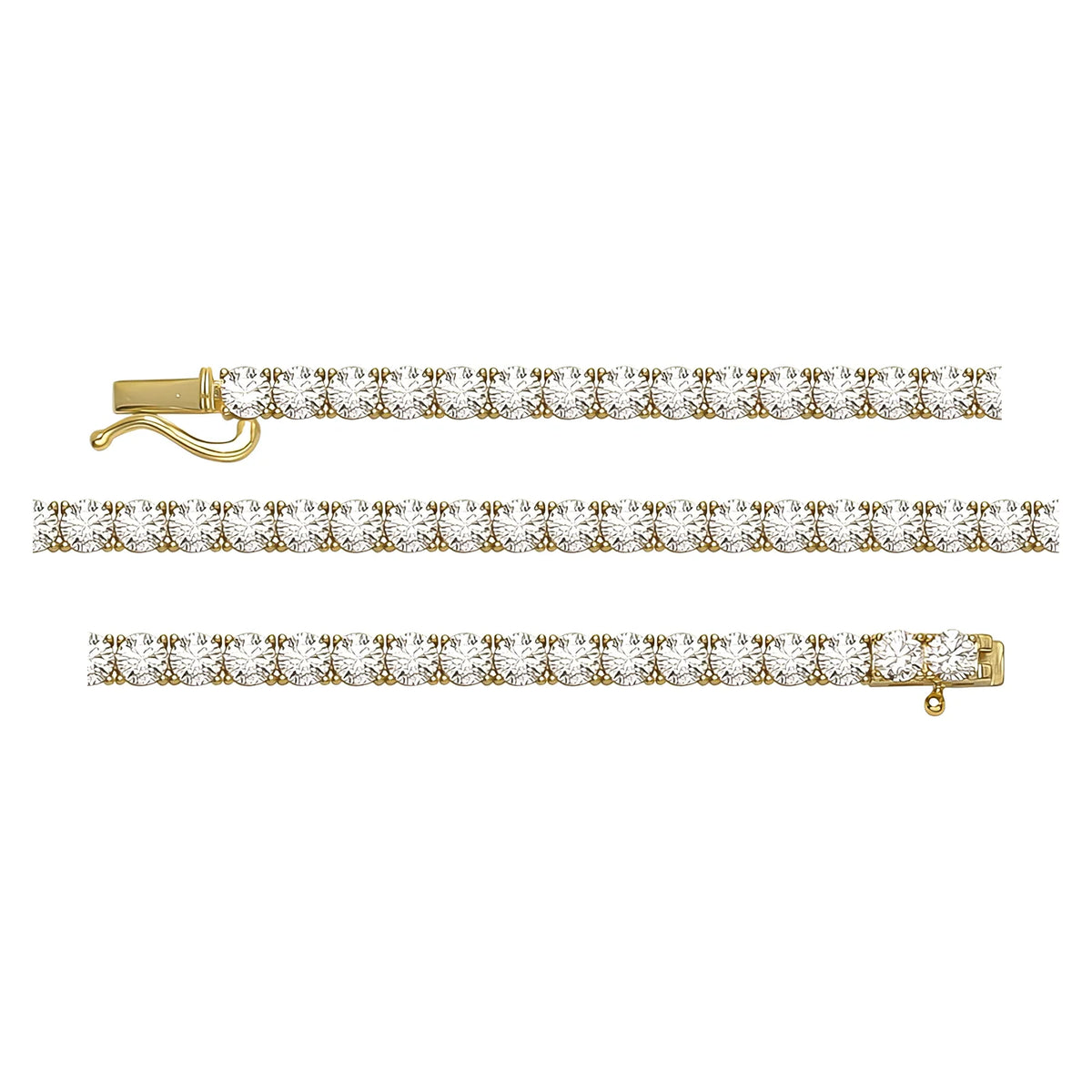 Solid gold tennis bracelet, 8.20 g — shown in three rows across the frame.