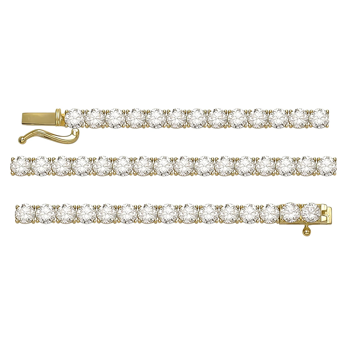 Solid gold tennis bracelet, 9.82 g — shown in three rows across the frame.