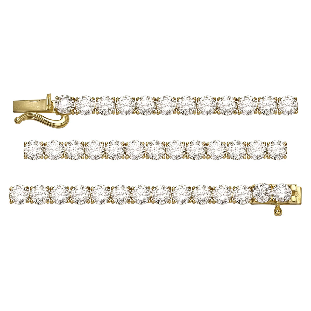 Solid gold tennis bracelet, 11.30 g — shown in three rows across the frame.