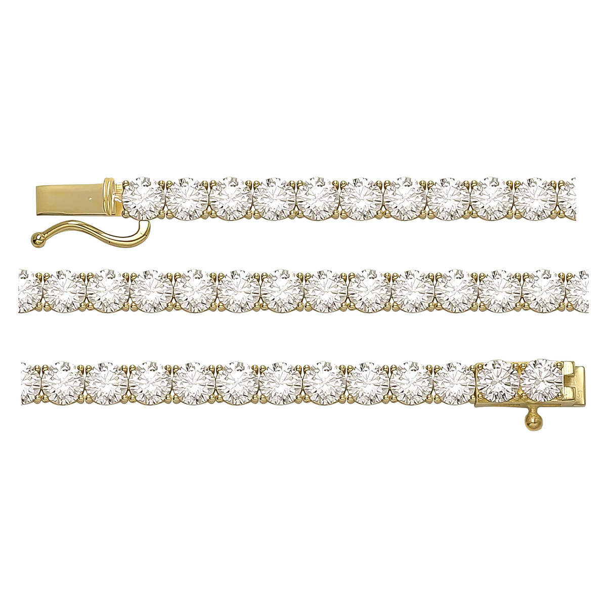 Solid gold tennis bracelet, 14.10 g — shown in three rows across the frame.
