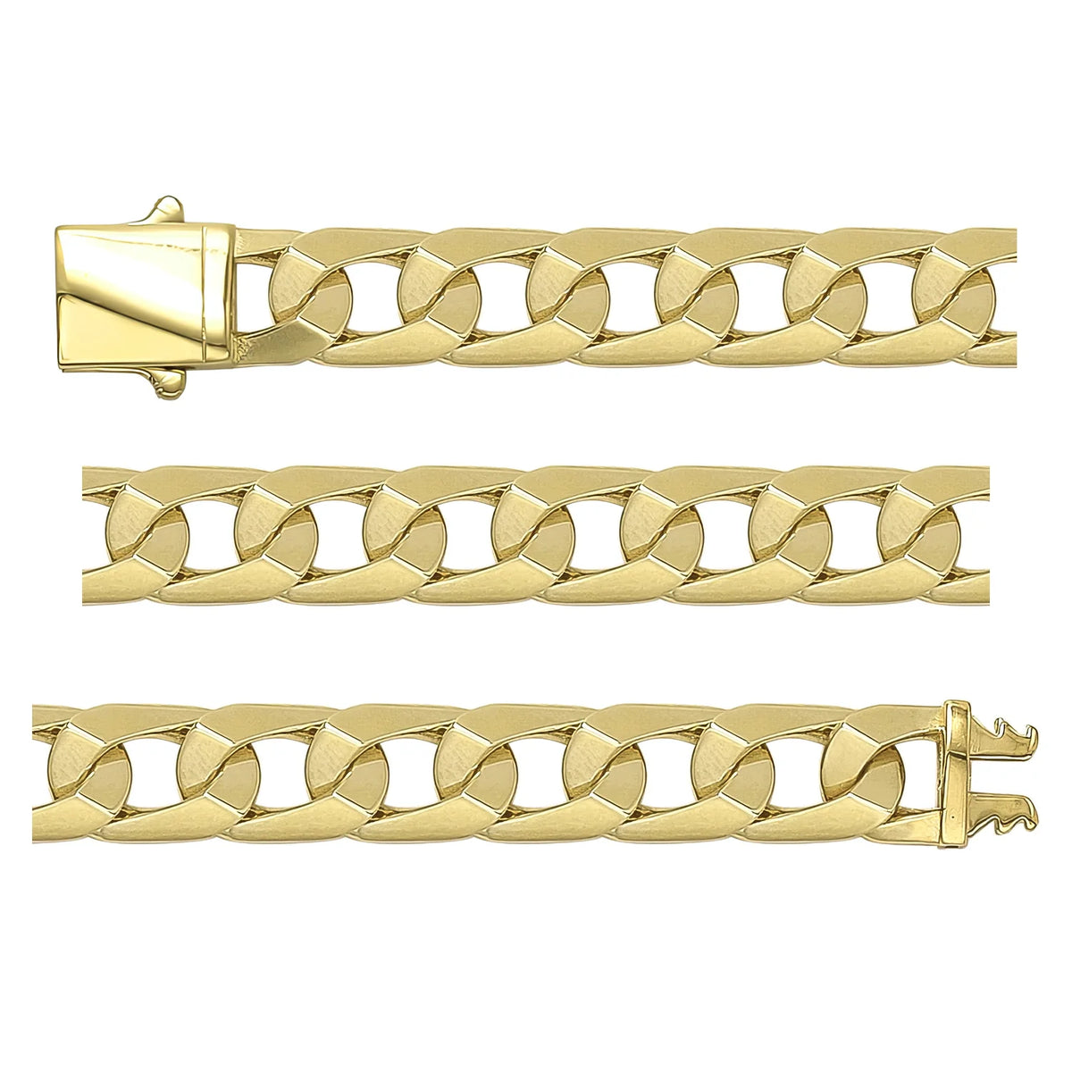Solid gold curb bracelet, 13.42 g — shown in three rows across the frame.