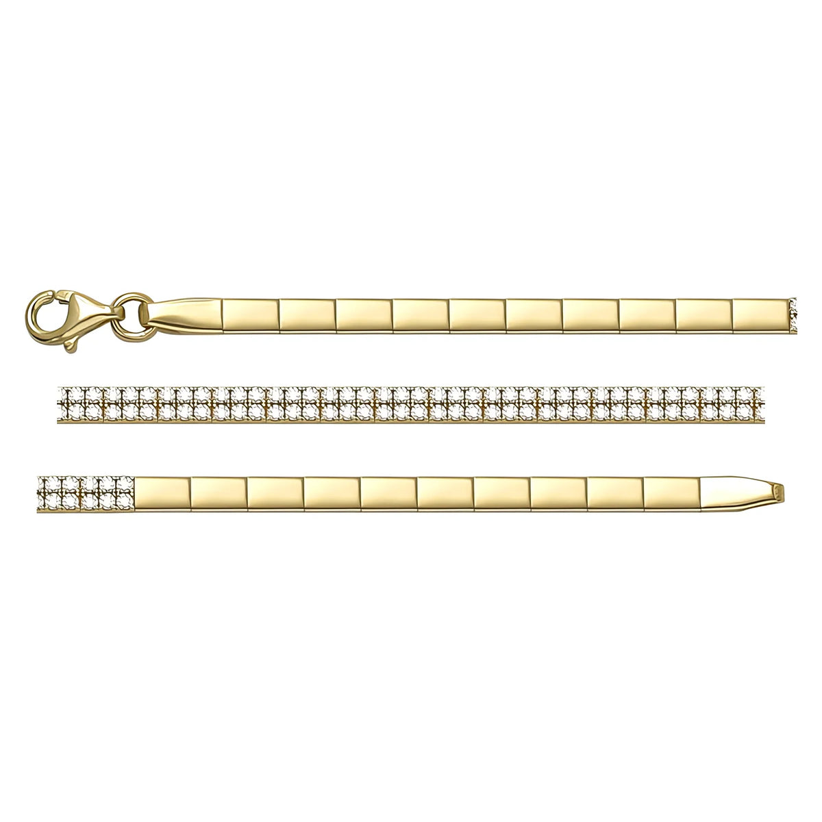 Solid gold tennis bracelet, 4.93 g — shown in three rows across the frame.