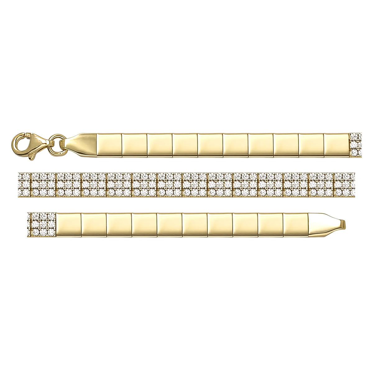 Solid gold tennis bracelet, 6.56 g — shown in three rows across the frame.