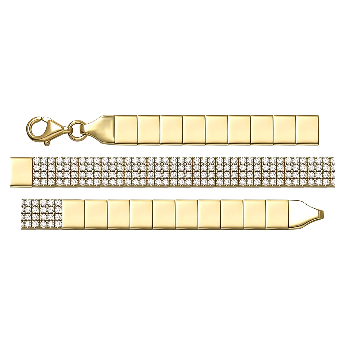 Solid gold tennis bracelet, 7.79 g — shown in three rows across the frame.