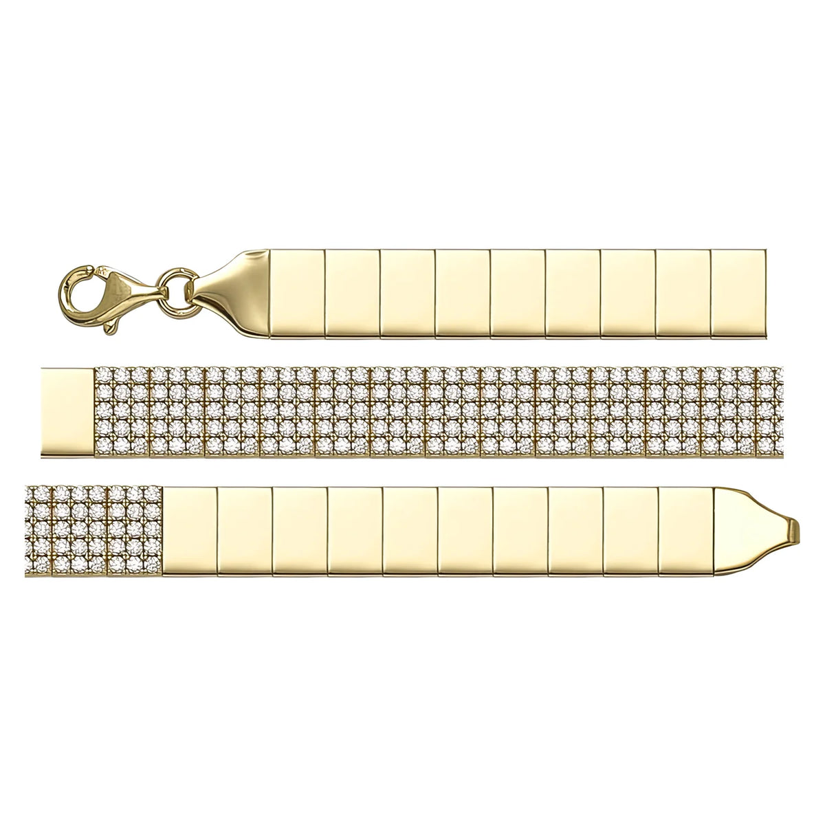 Solid gold tennis bracelet, 9.73 g — shown in three rows across the frame.