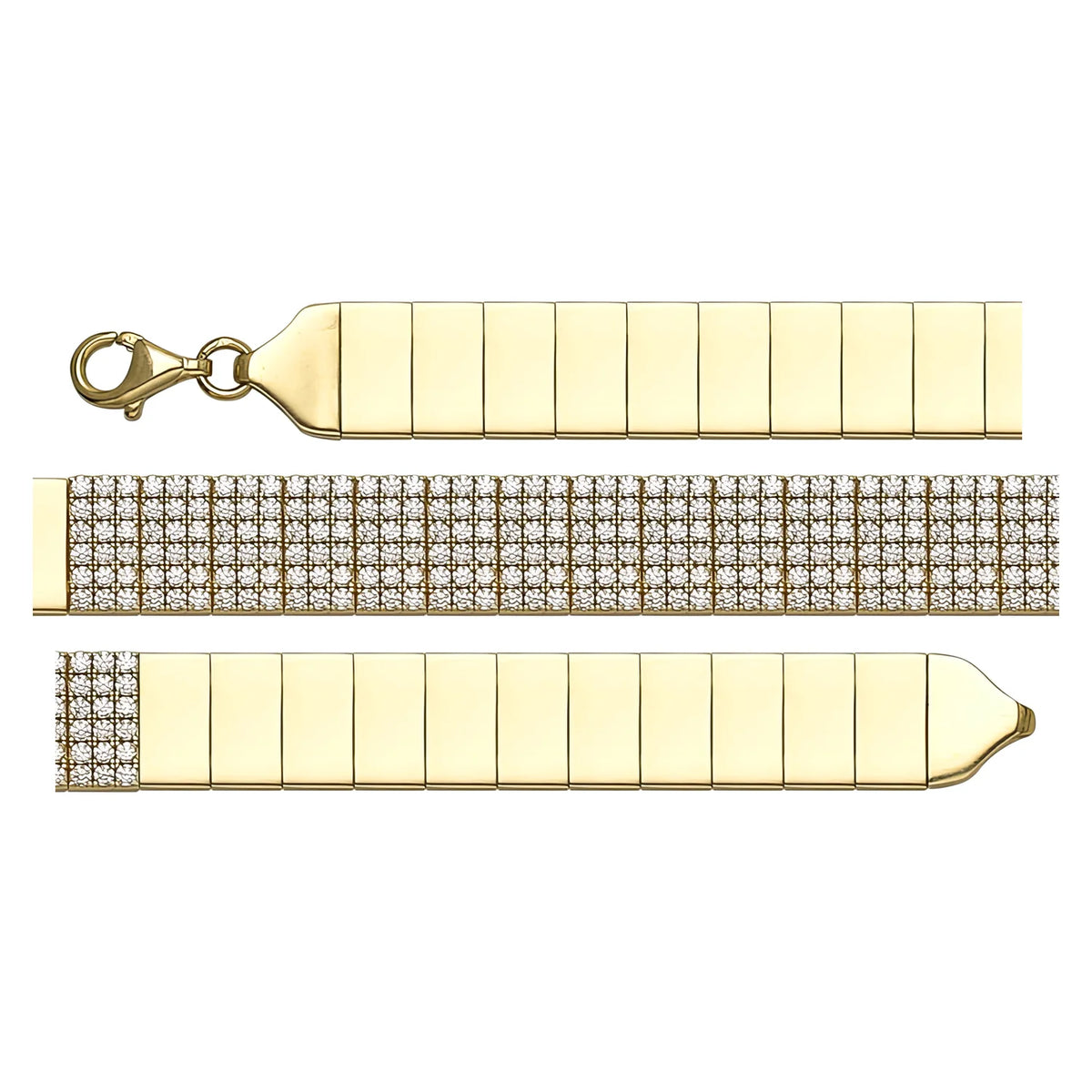 Solid gold tennis bracelet, 10.84 g — shown in three rows across the frame.