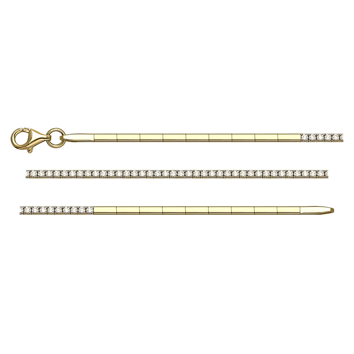 Solid gold tennis bracelet, 3.23 g — shown in three rows across the frame.