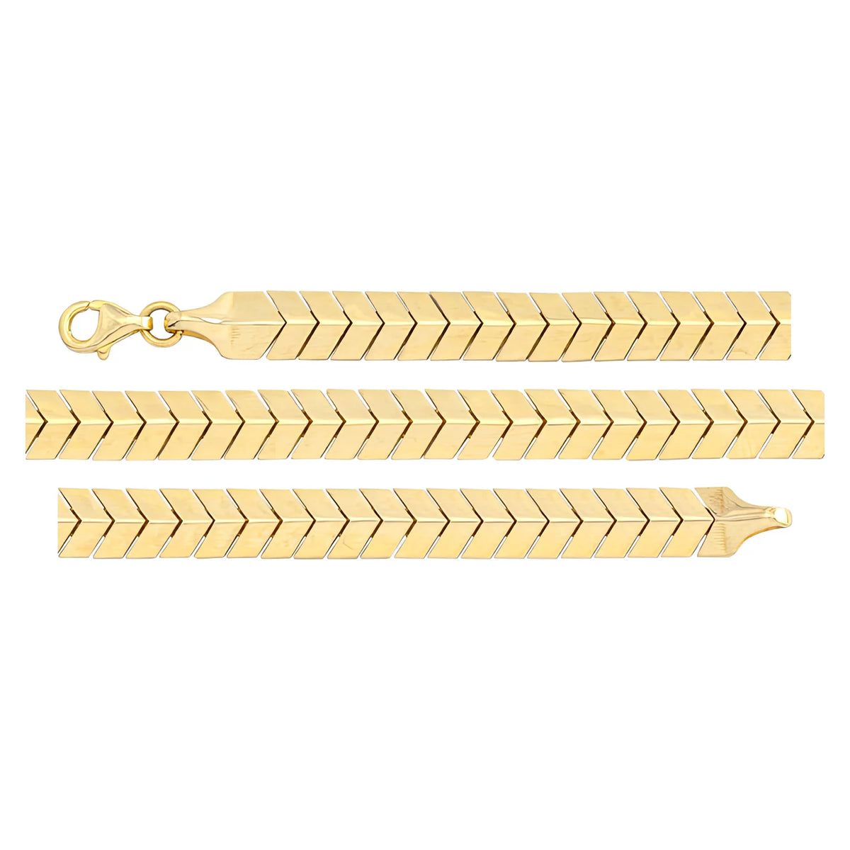 Solid gold herringbone bracelet, 7.80 g — shown in three rows across the frame.
