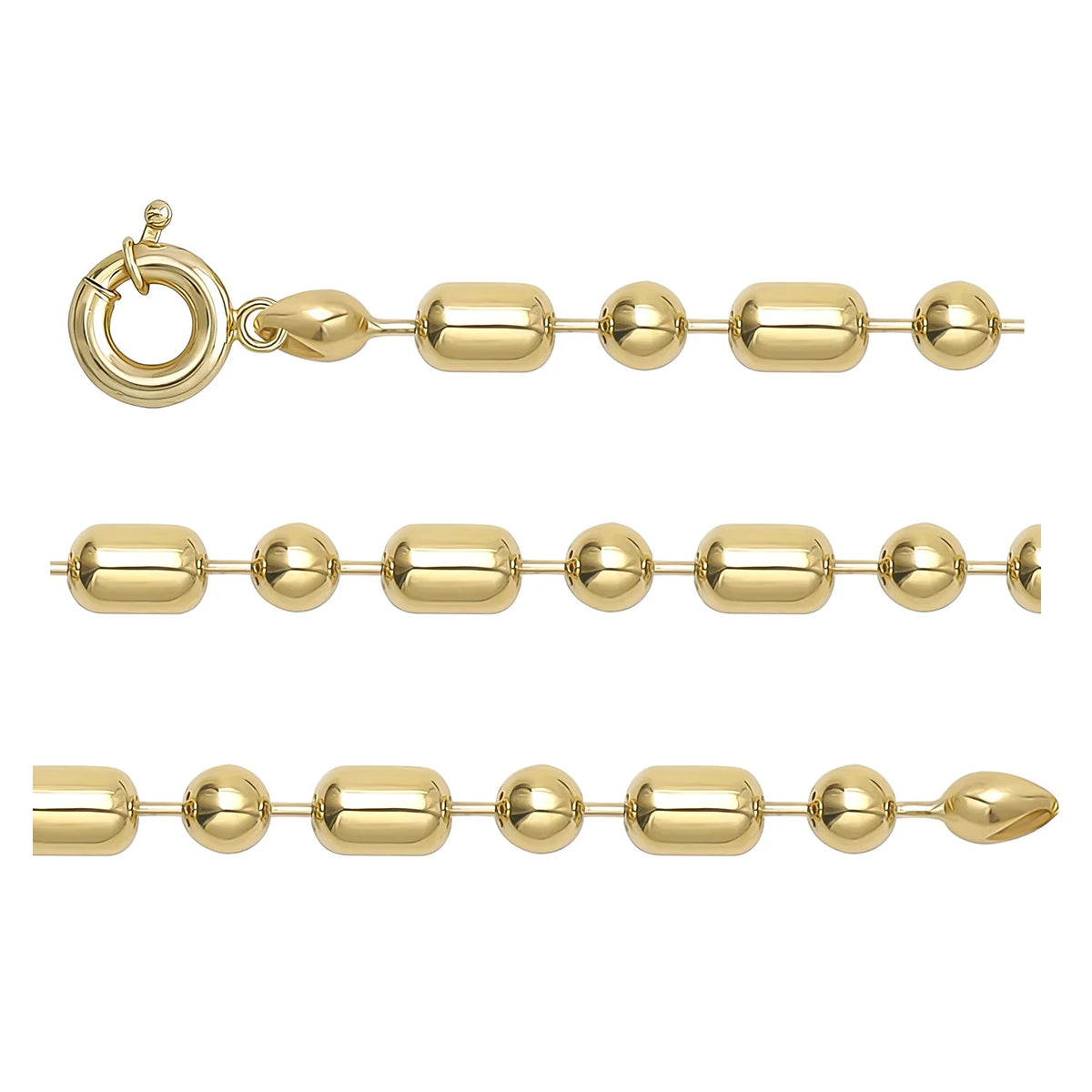 Solid gold bead bracelet, 9.55 g — shown in three rows across the frame.