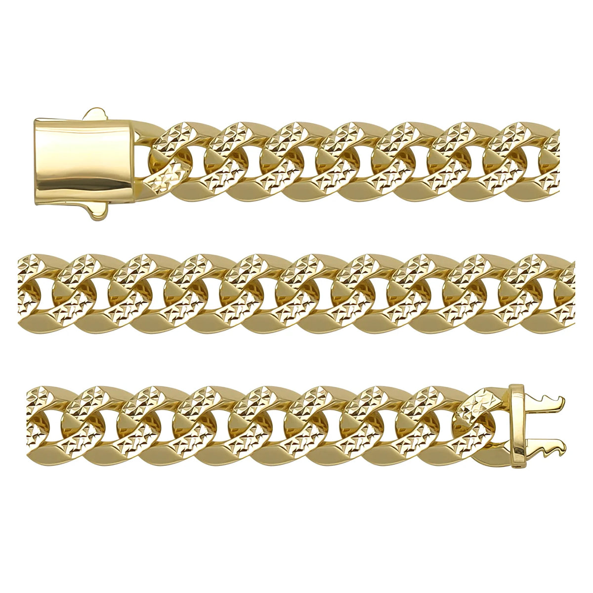 Solid gold curb bracelet, 13.40 g — shown in three rows across the frame.