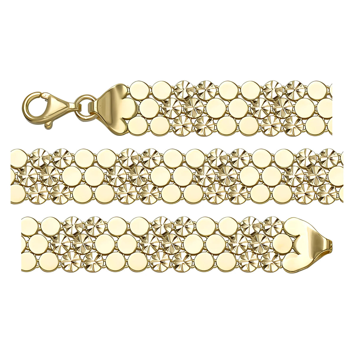 Solid gold fancy link bracelet, 10.60 g — shown in three rows across the frame.