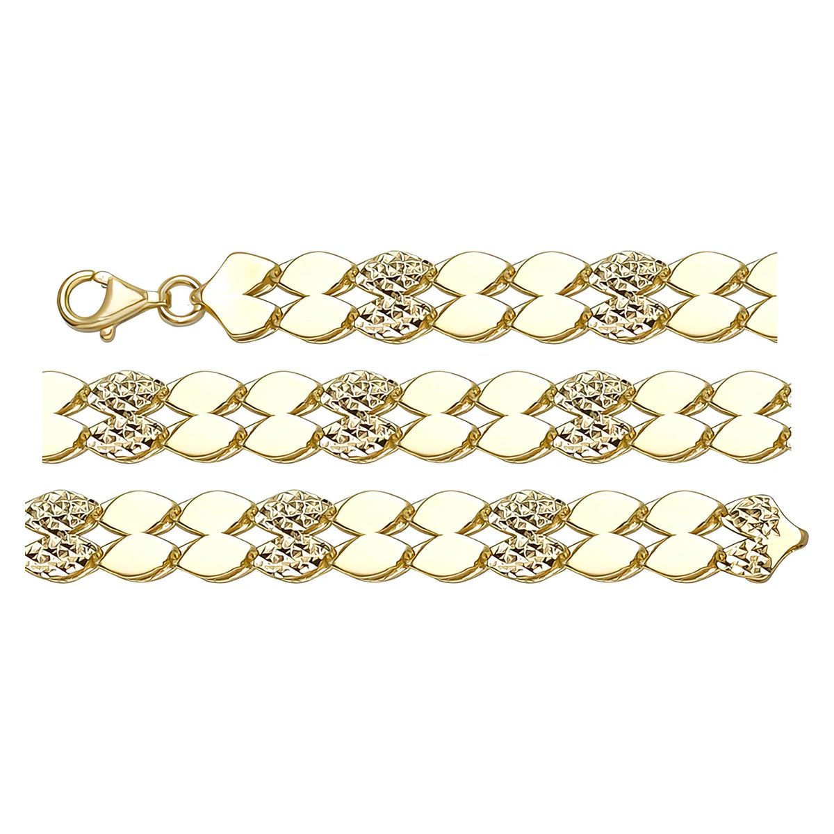 Solid gold curb bracelet, 8.95 g — shown in three rows across the frame.