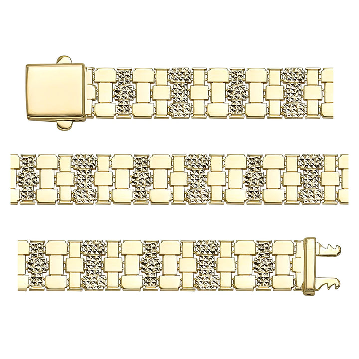 Solid gold brick link bracelet, 12.80 g — shown in three rows across the frame.