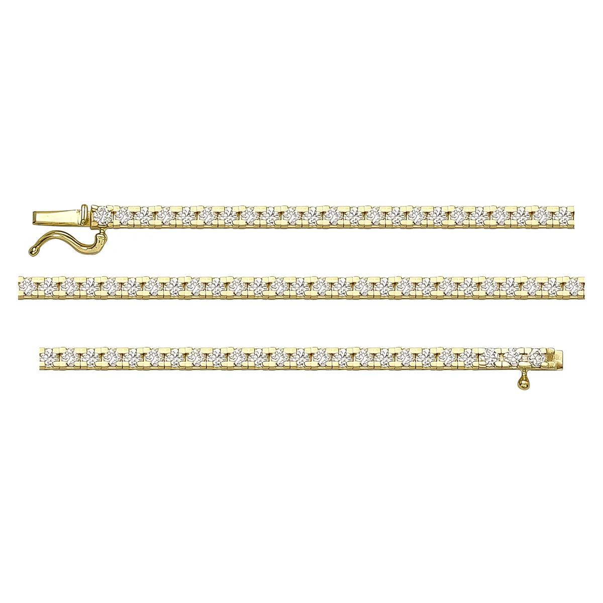 Solid gold tennis bracelet, 5.80 g — shown in three rows across the frame.