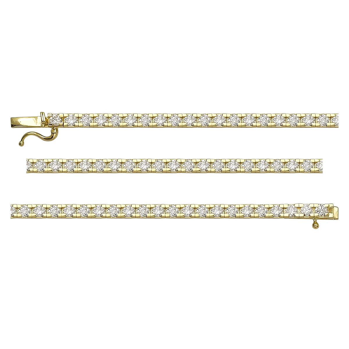 Solid gold tennis bracelet, 7.00 g — shown in three rows across the frame.