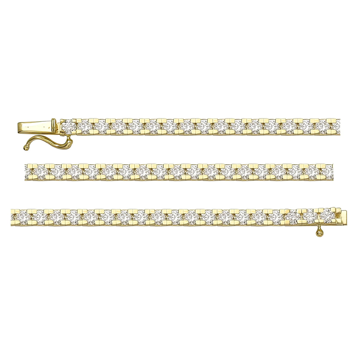 Solid gold tennis bracelet, 8.60 g — shown in three rows across the frame.