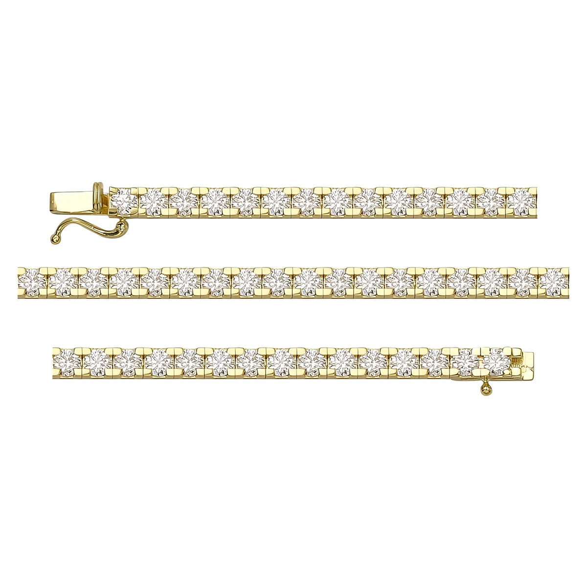 Solid gold tennis bracelet, 11.15 g — shown in three rows across the frame.