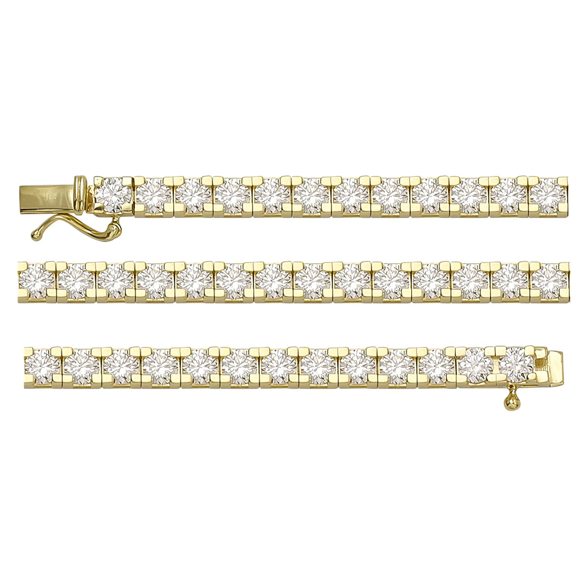 Solid gold tennis bracelet, 13.40 g — shown in three rows across the frame.