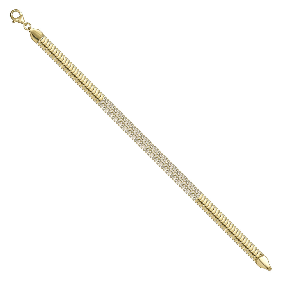 Solid gold tennis bracelet, 9.70 g — shown at an angle across the frame.