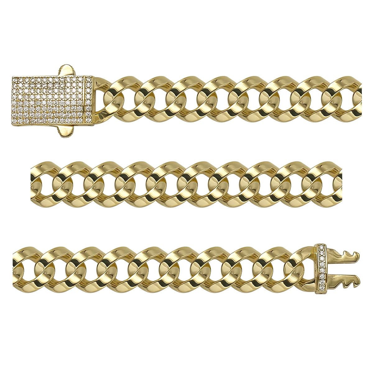 Solid gold curb bracelet, 16.45 g — shown in three rows across the frame.