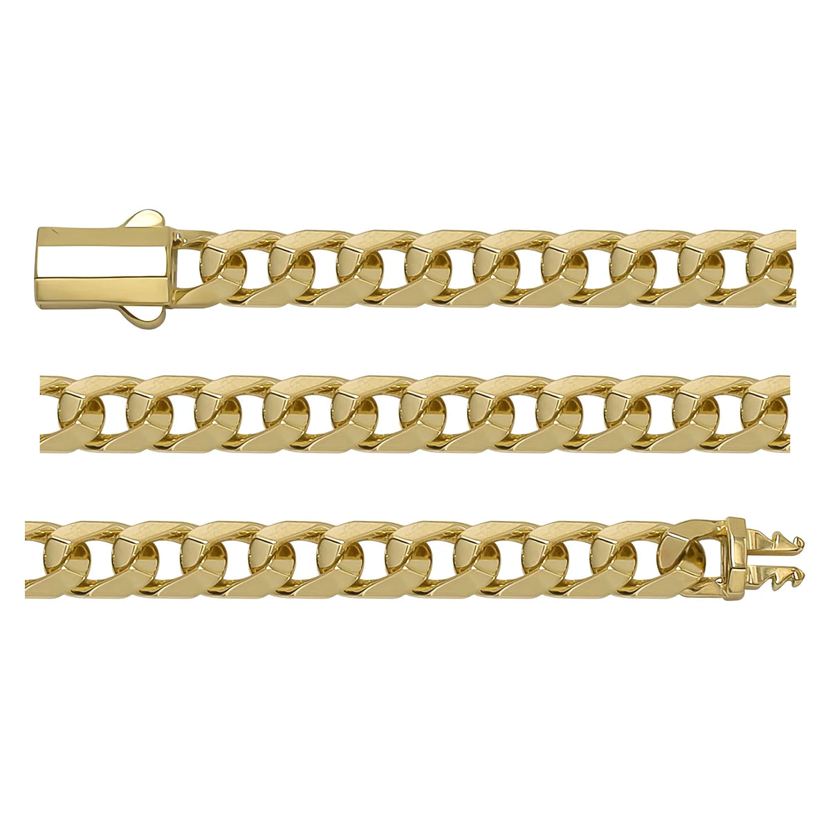 Solid gold curb bracelet, 10.68 g — shown in three rows across the frame.