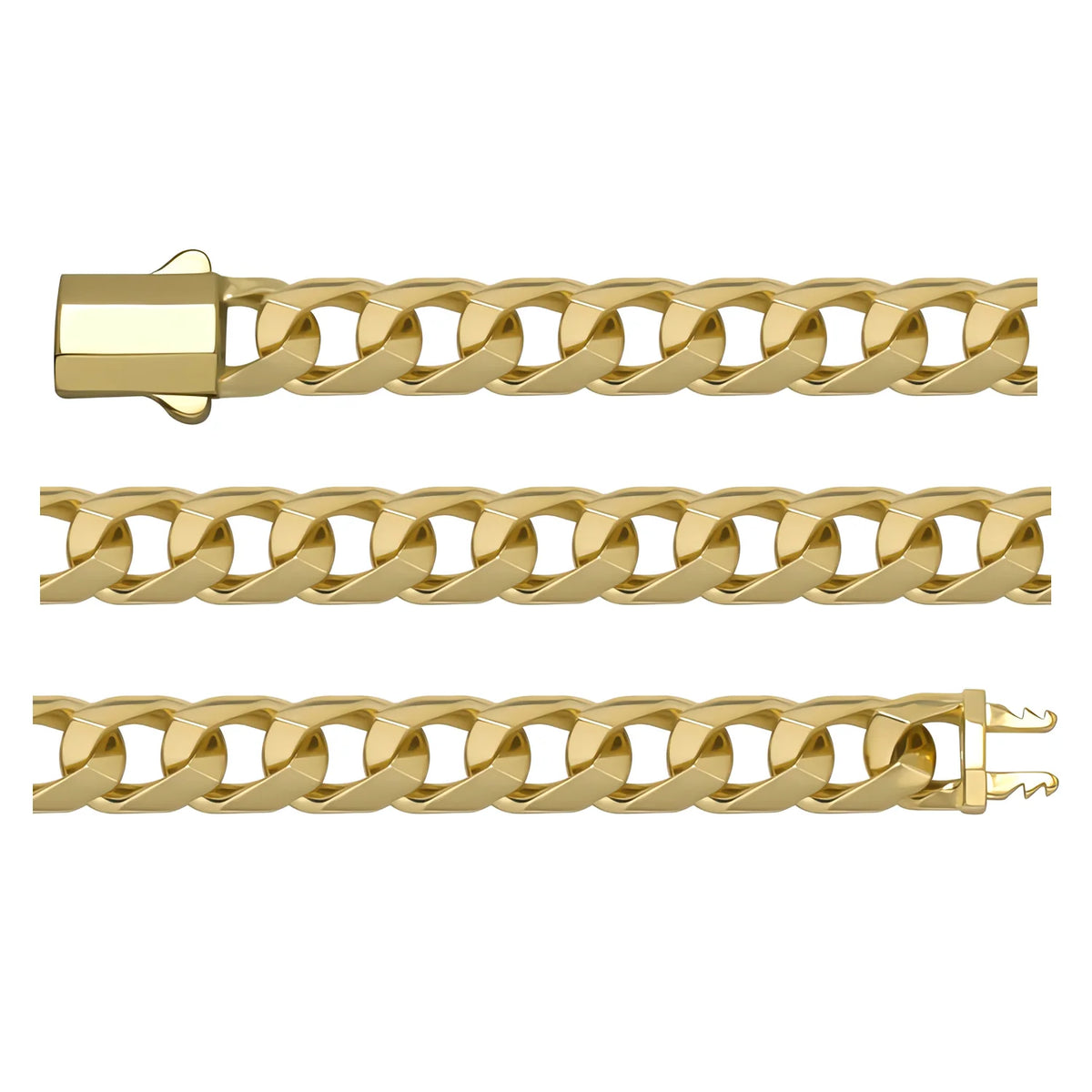 Solid gold curb bracelet, 12.00 g — shown in three rows across the frame.