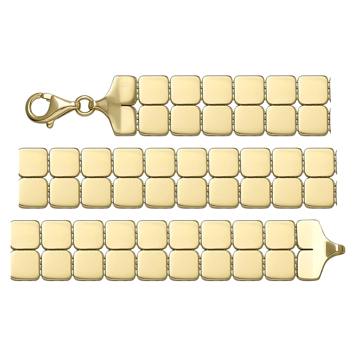 Solid gold brick link bracelet, 13.30 g — shown in three rows across the frame.