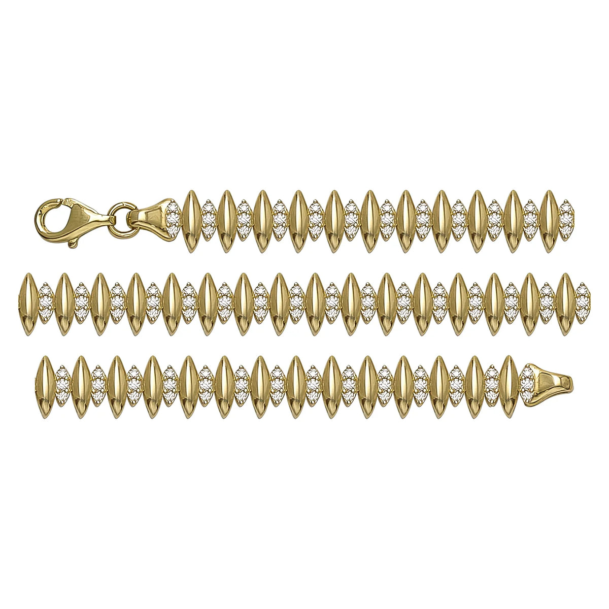 Solid gold fancy link bracelet, 8.45 g — shown in three rows across the frame.