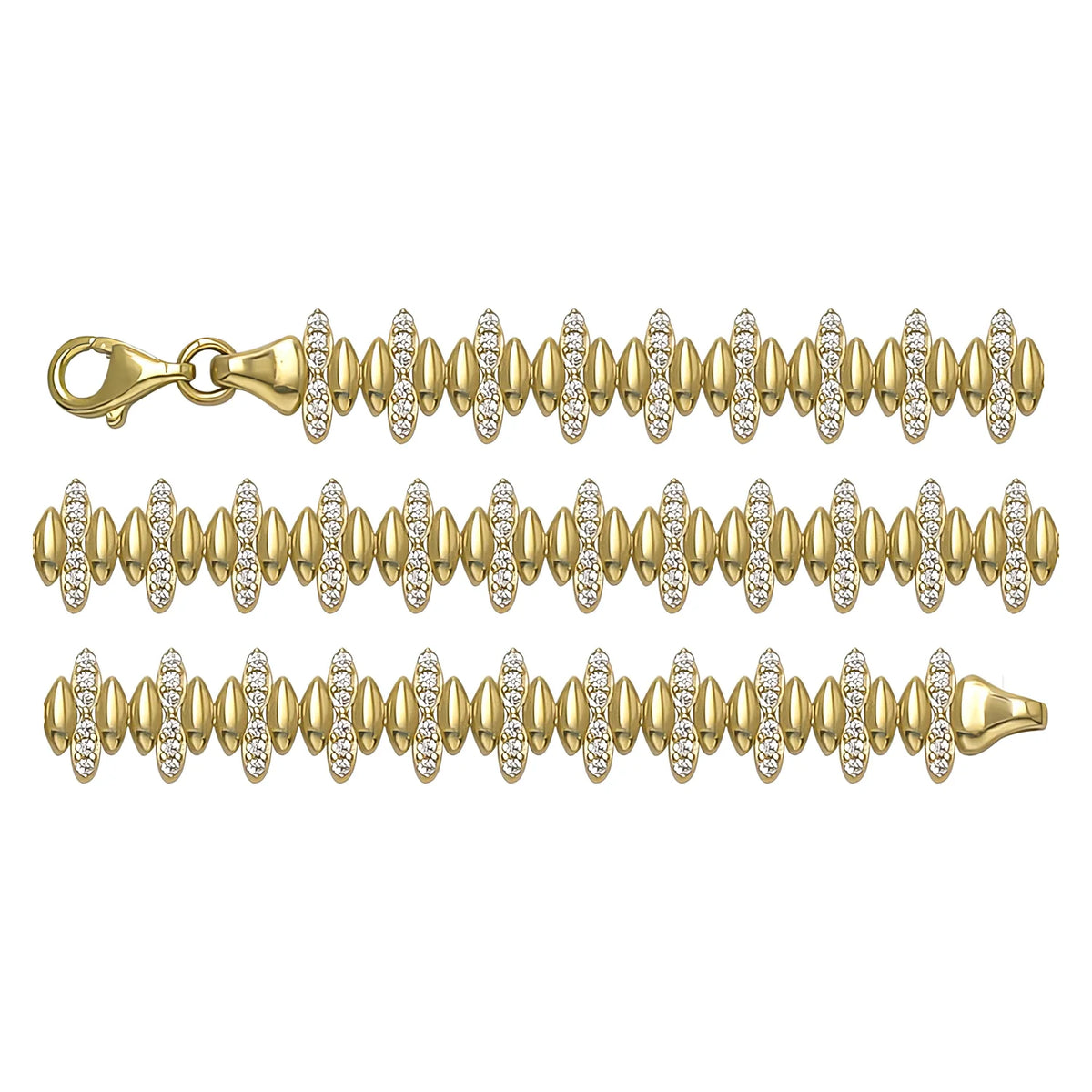 Solid gold fancy link bracelet, 8.50 g — shown in three rows across the frame.