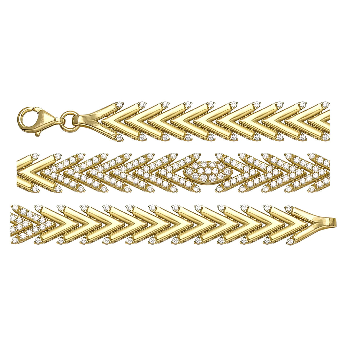 Solid gold herringbone bracelet, 10.30 g — shown in three rows across the frame.