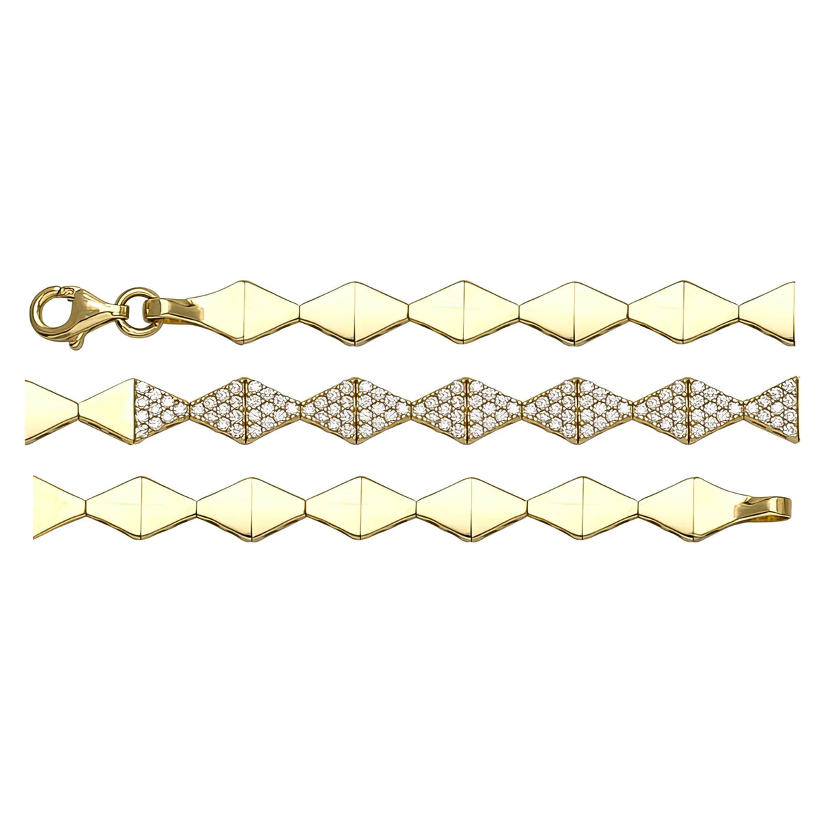 Solid gold fancy link bracelet, 5.90 g — shown in three rows across the frame.