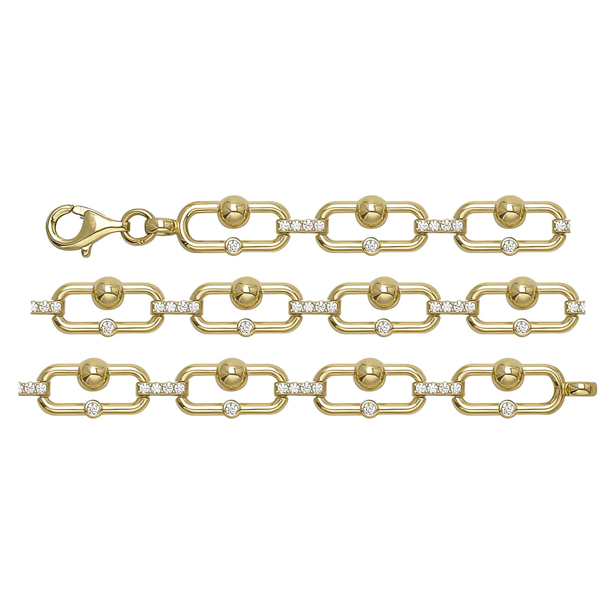Solid gold fancy link bracelet, 6.80 g — shown in three rows across the frame.