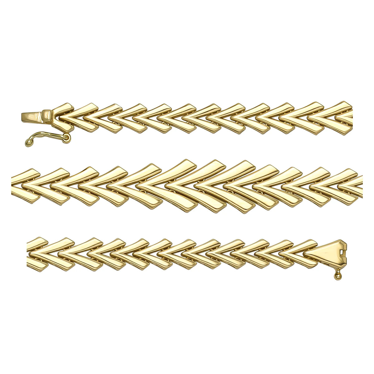 Solid gold herringbone bracelet, 7.80 g — shown in three rows across the frame.