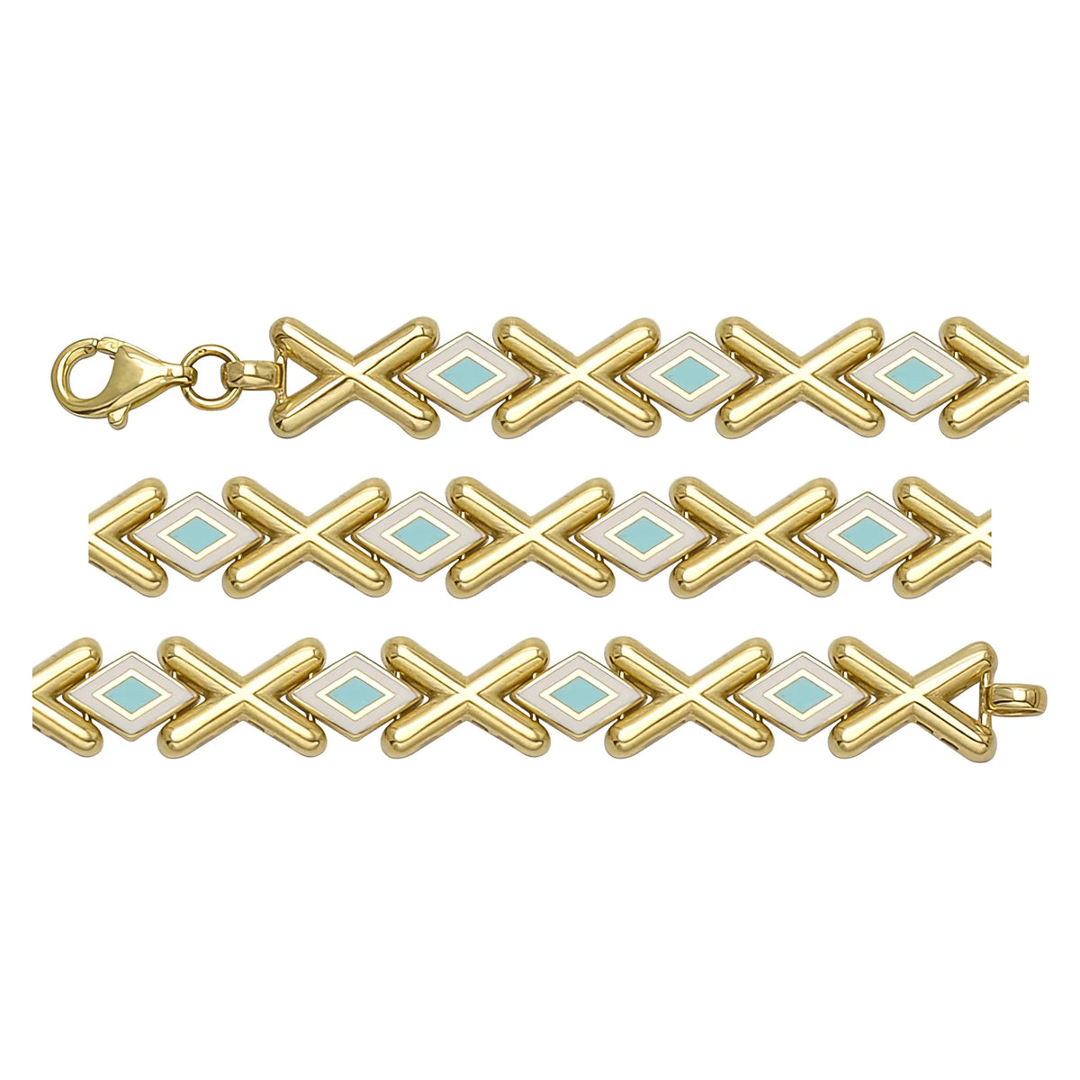 Solid gold fancy link bracelet, 7.80 g — shown in three rows across the frame.
