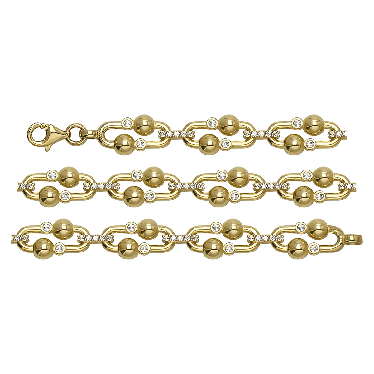 Solid gold fancy link bracelet, 9.45 g — shown in three rows across the frame.