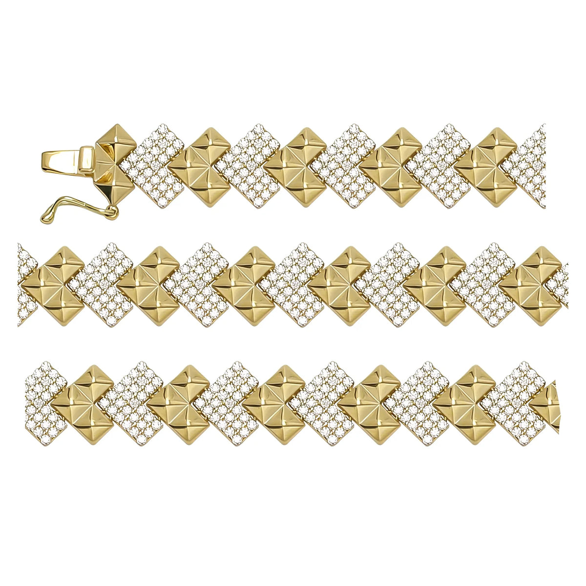 Solid gold fancy link bracelet, 11.00 g — shown in three rows across the frame.