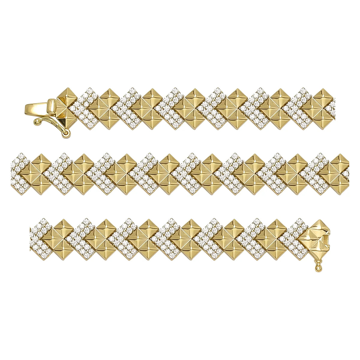 Solid gold fancy link bracelet, 11.20 g — shown in three rows across the frame.