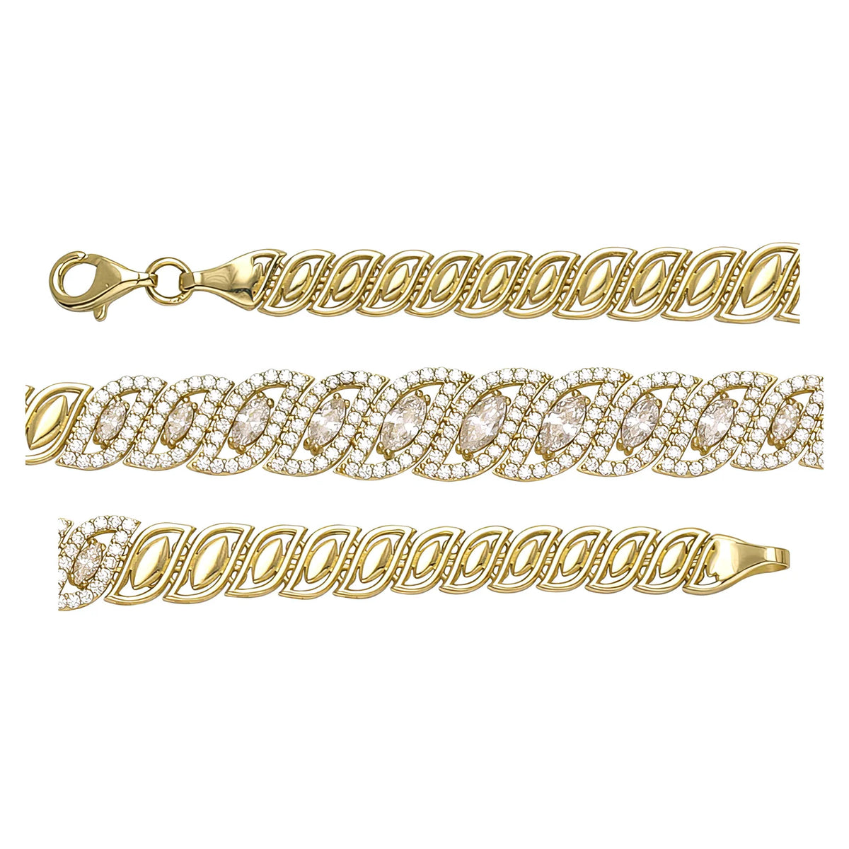Solid gold fancy link bracelet, 11.45 g — shown in three rows across the frame.