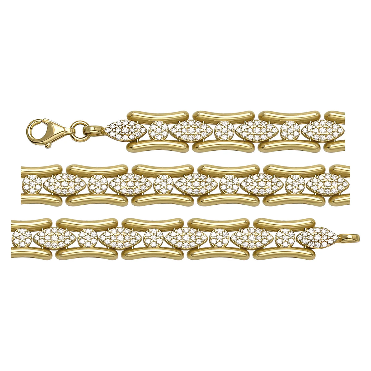 Solid gold fancy link bracelet, 12.80 g — shown in three rows across the frame.
