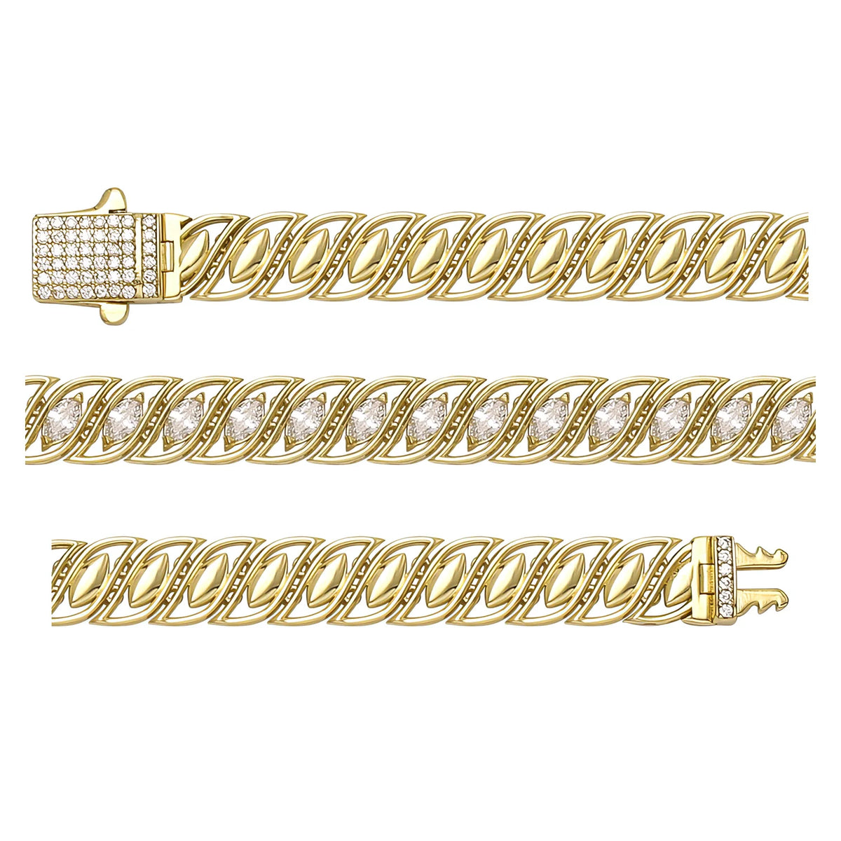 Solid gold braided bracelet, 15.70 g — shown in three rows across the frame.